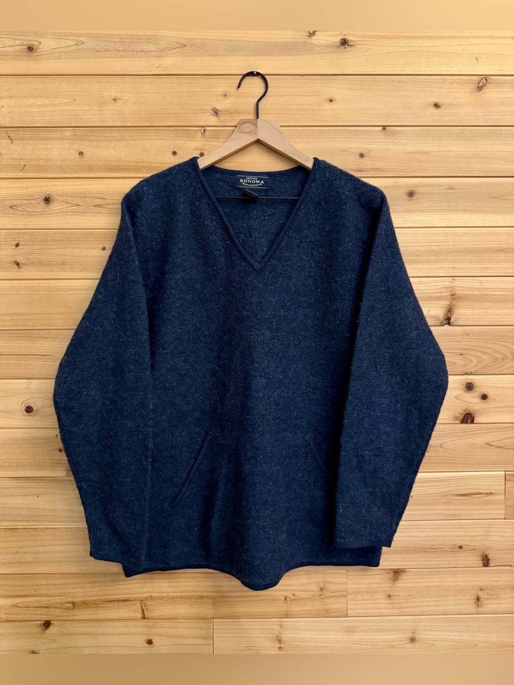 Sonoma Medium Navy Blue Wool Cotton V Neck Kangaroo Pocket Pullover Sweater